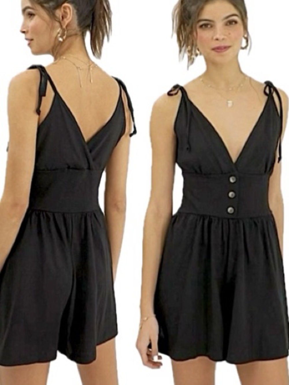 ASOS Black Button Front Romper Size 4 Tie Shoulder Plunge Neck Cotton Fairy Goth
